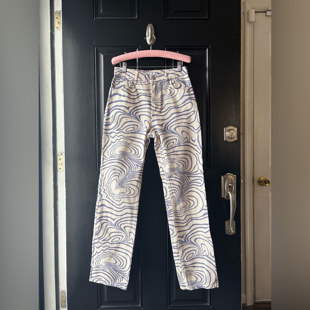 Zara Cream Blue Abstract Straight Leg Denim Jeans Size 4